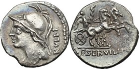 P. Servilius M. f. Rullus.AR Denarius, 100 BC.D/ Head of Minerva left, helmeted.R/ Victory in biga right, holding reins and palm.Cr. 328/1.AR.g. 3.93 ...