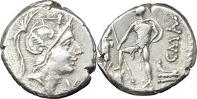 L. Caecilius Metellus and C. Publicius Malleolus.AR Denarius, 96 BC.D/ Head of Mars right, helmeted; above, hammer.R/ Naked warrior standing left, hol...