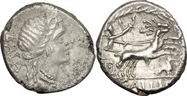 C. Allius Bala.AR Denarius, ca 92 B.C.D/ BALA. Diademed female head right; below chin, I.R/ Diana in biga of stags right; with quiver over shoulder an...