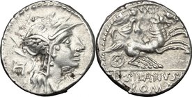 D. Silanus L.f.AR Denarius, 91 BC.D/ Helmeted head of Roma right; behind, H.R/ Victory in biga right; above, XXIII; in exergue, D. SILANVS L.F/ROMA.Cr...