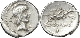 L. Calpurnius Piso Frugi.AR Denarius, 90 BC.D/ Head of Apollo right, laureate.R/ Horseman galloping right, holding palm-branch.Cr. 340/1.AR. mm. 19.50...