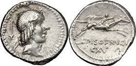 L. Calpurnius Piso Frugi.AR Denarius, 90 BC.D/ Laureate head of Apollo right; behind, arrow downwards.R/ Horseman galloping right, holding palm; below...