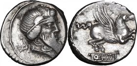 Q. Titius.AR Denarius, 90 BC.D/ Head right, bearded, wearing winged diadem.R/ Pegasus right.Cr. 341/1.AR.g. 3.96 mm. 17.00VF.
