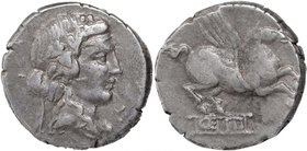 Q. Titius.AR Denarius, 90 BC.D/ Head of Liber right, wearing ivy-wreath.R/ Pegasus right.Cr. 341/2.AR.g. 3.99 mm. 17.00Nice old cabinet tone.VF.