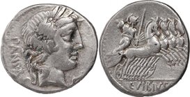 C. Vibius C. f. Pansa.AR Denarius, 90 BC.D/ Head of Apollo right, laureate.R/ Minerva in quadriga right, holding trophy, spear and reins.Cr. 342/5.AR....