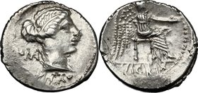 M. Cato.AR Denarius, 89 BC.D/ Diademed and draped female bust right; behind, ROMA; below neck truncation, M. CATO.R/ Victory seated right, holding pat...