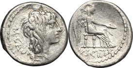 M. Porcius Cato.AR Quinarius, 89 BC.D/ Head of Liber right, wearing ivy-wreath.R/ Victory seated right, holding patera.Cr. 343/2a.AR.g. 1.93 mm. 13.00...