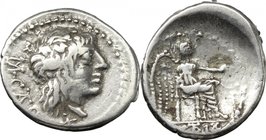 M. Cato.AR Quinarius, 89 BC.D/ Head of Liber right, wearing ivy-wreath.R/ Victory seated right, holding patera and palm branch.Cr. 343/2b. B. (Porcia)...