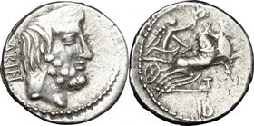L. Titurius L. f. Sabinus.AR Denarius, 89 BC.D/ Head of King Tatius right.R/ Victory in biga right holding wreath and reins.Cr. 344/3. B. 6.AR.g. 4.04...