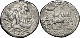 L. Rubrius Dossenus.AR Denarius, 87 BC.D/ DOSSEN. Laureate head of Jupiter right, sceptre over shoulder.R/ Triumphal quadriga right, decorated with th...