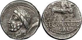 L. and C. Memmius L.f. Galeria.AR Denarius, 87 BC.D/ Laureate head of Saturn right; behind, harpa; below, EX S.C.; below chin, two dots and R (retrogr...