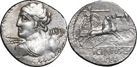 C. Licinius L. F. Macer.AR Denarius, 84 BC.D/ Bust of Apollo from behind, head left, holding thunderbolt.R/ Minerva in quadriga right, holding shield,...