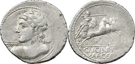 C. Licinius L.f. Macer.AR Denarius, 84 BC.D/ Bust of Apollo/Vejovis left, diademed, seen from behind, hurling thunderbolt.R/ Minerva in quadriga right...