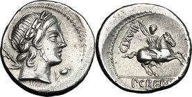 Pub. Crepusius.AR Denarius, 82 BC.D/ Laureate head of Apollo right, sceptre over shoulder; behind, C; below chin, poppy-head.R/ Horseman galloping rig...