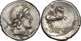 Pub. Crepusius.AR Denarius, 82 BC.D/ Laureate head of Apollo right, sceptre over shoulder; behind, I; below chin, palm.R/ Horseman galloping right hur...