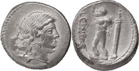 L. Marcius Censorinus.AR Denarius, 82 BC.D/ Head of Apollo right, laureate.R/ Marsyas standing left, raising right arm and holding wine skin over left...