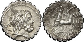 Q. Antonius Balbus.AR Denarius serratus, 83-82 BC.D/ Laureate head of Jupiter right, S.C behind.R/ Victory in quadriga right; below horses, M; in exer...