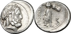 L. Procilius.AR Denarius, 80 BC.D/ Head of Jupiter right, laureate.R/ Juno Sospita standing right, holding shield and hurling spear; at her feet, snak...