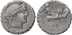 C. Naevius Balbus.AR Denarius serratus, 79 BC.D/ Head of Venus right, diademed.R/ Victory in triga right, holding reins.Cr. 382/1.AR.g. 3.72 mm. 17.00...