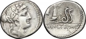 M. Volteius M. f.AR Denarius, 78 BC.D/ Head of Liber right, wearing ivy-wreath.R/ Ceres in biga of snakes right, holding torch in each hand.Cr. 385/3....