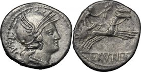 L. Rutilius Flaccus.AR Denarius, 77 BC.D/ Head of Roma right, helmeted.R/ Victory in biga right; holding reins and wreath.Cr. 387/1.AR.g. 3.78 mm. 18....