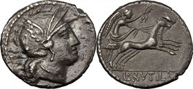 L. Rutilius Flaccus.AR Denarius, 77 BC.D/ Head of Roma right, helmeted.R/ Victory in biga right; holding reins and wreath.Cr. 387/1.AR.g. 3.77 mm. 18....