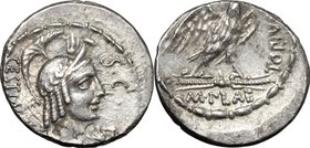 M. Plaetorius M. f. Cestianus.AR Denarius, 67 BC.D/ CESTIANVS. Winged bust of Vacuna, wearing crested helmet right, quiver and bow on shoulder; before...