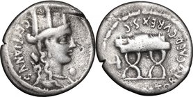 M. Plaetorius M. f. Cestianus.AR Denarius, 67 BC.D/ Head of Cybele right, turreted.R/ Curule chair.Cr. 409/2.AR.g. 3.45 mm. 19.00Good F.