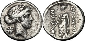 Q. Pomponius Musa.AR Denarius, 66 BC.D/ Laureate head of Apollo right; behind, six-pointed star.R/ Urania standing left, holding rod which she points ...