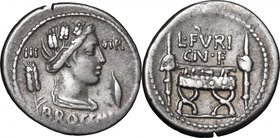 L. Furius Cn. f. Brocchus.AR Denarius, 63 BC.D/ Head of Ceres right, wearing wreath of corn-ears; behind, corn-ear; before, barley grain.R/ Curule cha...