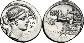 P. Plautius Hypsaeus.AR Denarius, 60 BC.D/ Draped bust of Leuconoe right; before, P. YPSAE. S.C.; behind, dolphin.R/ Jupiter in quadriga left; in exer...
