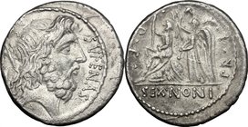 M. Nonius Sufenas.AR Denarius, 59 BC.D/ Head of Saturn right; before, SVFENAS; behind, harpa, conical stone and SC.R/ PR. L. V. P. F. Roma seated left...