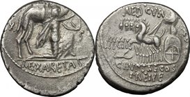 M. Aemilius Scaurus.AR Denarius, 58 BC.D/ Camel right; before, kneeling figure holding reins and olive-branch.R/ Jupiter in quadriga left, holding rei...