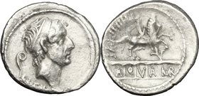 L. Marcius Philippus.AR Denarius, 56 BC.D/ Diademed head of Ancus Marcius right; behind, lituus; below, ANCVS.R/ PHILIPPVS. Equestrian statue right, o...