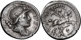 P. Fonteius P.f. Capito.AR Denarius, 55 BC.D/ Bust of Mars right, helmeted, draped, holding trophy over shoulder.R/ Horseman right, thrusting spear at...