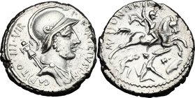 P. Fonteius P.f. Capito.AR Denarius, 55 BC.D/ P. FONTEIVS P.F. CAPITO III VIR. Helmeted and draped bust of Mars right, with trophy over shoulder.R/ MN...