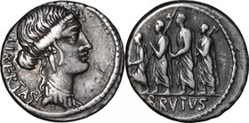 M. Junius Brutus.AR Denarius, 54 BC.D/ Head of Libertas right.R/ L. Junius Brutus walking left between two lictors carrying fasces, preceded by an acc...