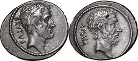 M. Junius Brutus.AR Denarius, 54 BC.D/ Head of M. Junius Brutus right.R/ Head of C. Servilius Ahala right.Cr. 433/2.AR.g. 4.10 mm. 21.00Toned.VF.