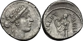 Mn. Acilius.AR Denarius, 49 BC.D/ Head of Salus right, laureate.R/ Valetudo standing left, holding snake and resting left arm on column.Cr. 442/1a.AR....