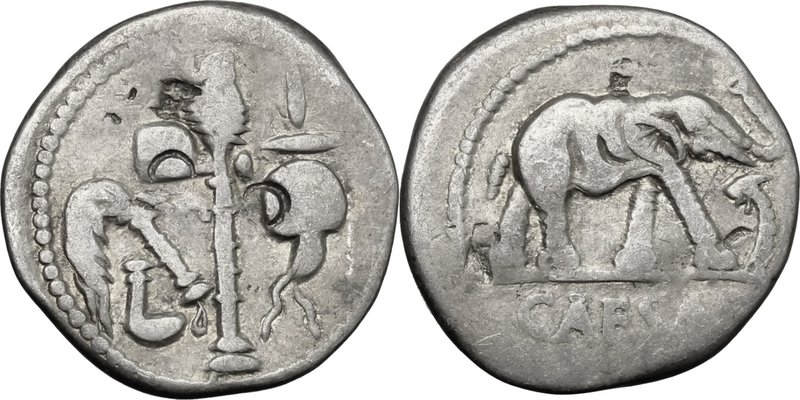 Julius Caesar.AR Denarius, Uncertain mint, 49-48 BC.D/ Simpulum, aspergillum, ax...