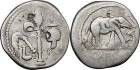 Julius Caesar.AR Denarius, Uncertain mint, 49-48 BC.D/ Simpulum, aspergillum, axe and apex.R/ Elephant right; before, snake or dragon.Cr. 443/1.AR.g. ...