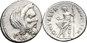 C. Vibius C. f. Pansa Caetronianus.AR Denarius, 48 BC.D/ Mask of Pan right,.R/ Jupiter seated left, laureate, holding patera and scepter.Cr. 449/1a.AR...