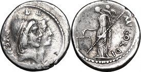 Mn. Cordius Rufus.AR Denarius, 46 BC.D/ Jugate heads of Dioscuri right, wearing laureate pileus; above, star.R/ Venus standing left, holding scales an...