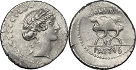 C. Considius Paetus.AR Denarius, 46 BC.D/ Laureate head of Apollo right, within a wreath of laurel.R/ C. CONSIDIVS above curule chair, PAETVS in exerg...