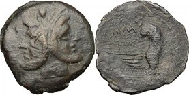 Cn. Pompeius Magnus.AE As, Tarraconensis, 46-45 BC.D/ Laureate head of Janus; above I.R/ [C]N MAG (ligate). Prow right; before, [mark of value] and be...