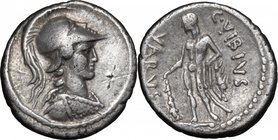 C. Vibius Varus.AR Denarius, 42 BC.D/ Bust of Minerva right, helmeted, wearing aegis.R/ Hercules standing left, leaning on club and holding lion's ski...