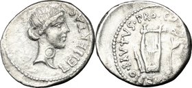 Q. Caepio Brutus.AR Denarius, 43-42 BC, mint moving with Brutus.D/ Head of Libertas right.R/ Plectrum, lyre and laurel branch tied with fillet.Cr. 501...