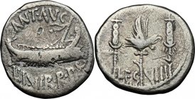 Marcus Antonius.AR Denarius, Uncertain mint, 32-31 BC.D/ Galley.R/ Aquila between two standards. LEG VIII.Cr. 544/21.AR.g. 2.88 mm. 17.00Toned.About V...