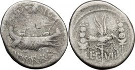 Marcus Antonius.AR Denarius, Uncertain mint, 32-31 BC.D/ Galley.R/ Aquila between two standards. LEG VIII.Cr. 544/21.AR.g. 3.78 mm. 18.00Toned.Good F.