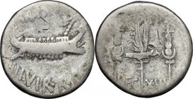 Marcus Antonius.AR Denarius, Uncertain mint, 32-31 BC.D/ Galley.R/ Aquila between two standards. LEG XIII.Cr. 544/27.AR.g. 4.19 mm. 17.00Toned.F.